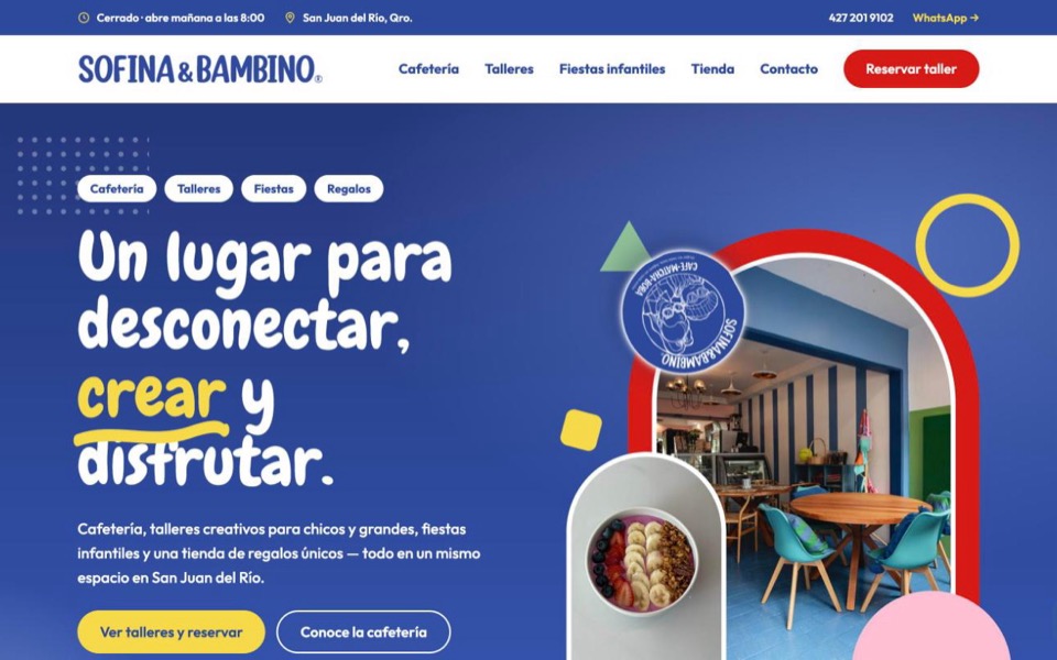 Sitio de Sofina & Bambino, cafetería y talleres en San Juan del Río